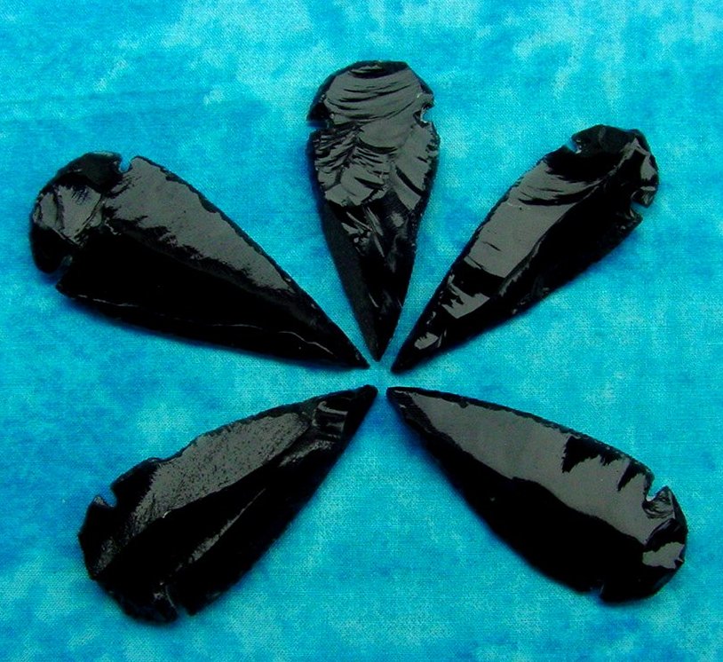 5 obsidian arrowheads reproduction black spearheads O21